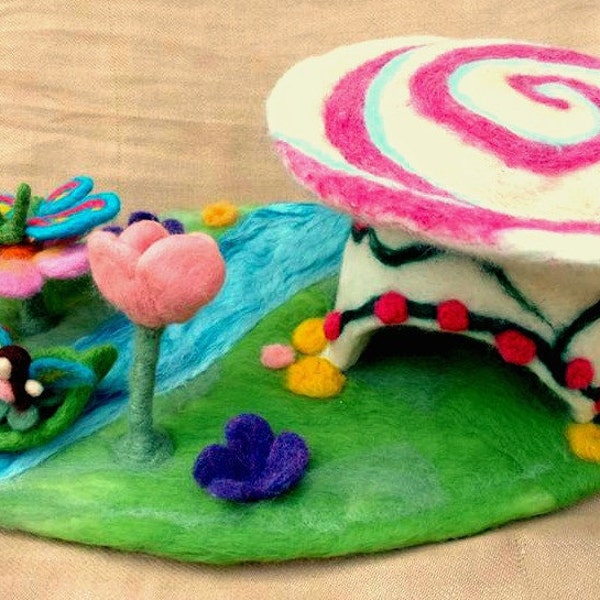 Flower Fairy Garden Playscape w / Butterfly, Mushroom House y Leaf Boat (inspirado en Waldorf y fieltro de agujas)