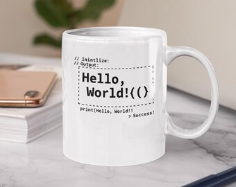 Funny coder mug: programming hello world