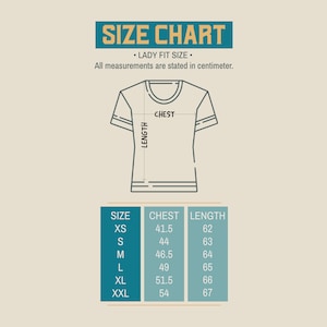 May include: Size chart for a t-shirt with measurements in centimeters for chest and length. Sizes include XS, S, M, L, XL, and XXL.