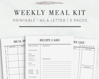 Weekly Meal Kit | Meal Planner Template in A4 and US, Recipe Card Printable, Letter Size Planner, Grocery List, Recipe Planner, Food Planner