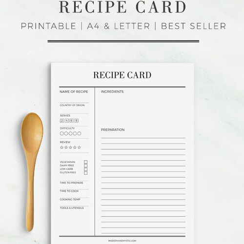 Recipe Card Printable Recipe Cards US Letter Half Letter - Etsy