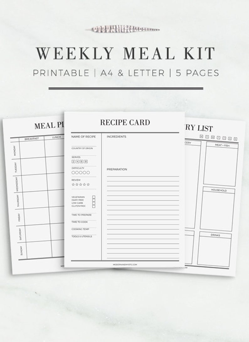 Weekly Meal Kit Meal Planner Template in A4 and US, Recipe Card Printable, Letter Size Planner