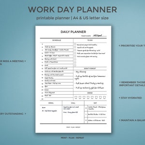 Daily Planner for Work Work Day Planner Printable Day Planner in A4 and US Letter Size Daily Organizer for Work Workday Planner image 2