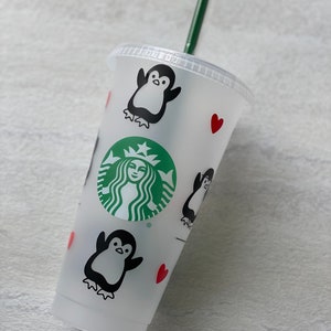 Penguins | Reusable Cold Cup with Lid & Straw  | Venti (24 oz)  | Starbucks Clear Frosted | Solid Matte | Glitter Cup | Penguin Lovers