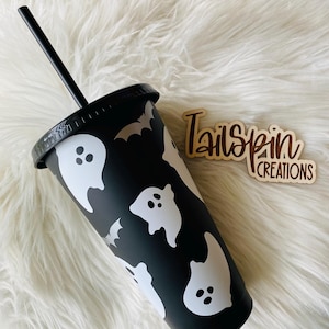 Halloween Bats and Ghosts | Reusable Cold Cup with Lid & Straw | Solid Matte Black Orange | Spooky Season | Pumpkin | Fall | Custom