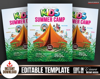 Printable Kids Summer Camp Flyer Template | Kids summer camp education advertising poster | Editable Canva Templates & Photoshop Templates