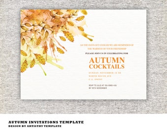Invitations de fête de cocktails d'automne Carte d'invitation d'automne Modèle MS Word Modèle Photoshop Carte de cocktails d'automne