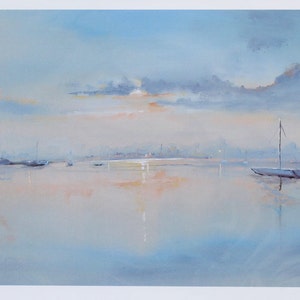 Giclee Print, Landscape art, Seaside, Boats, Dawn, Coastal, Art Print, Art Gift, Wall Art, Home Decor