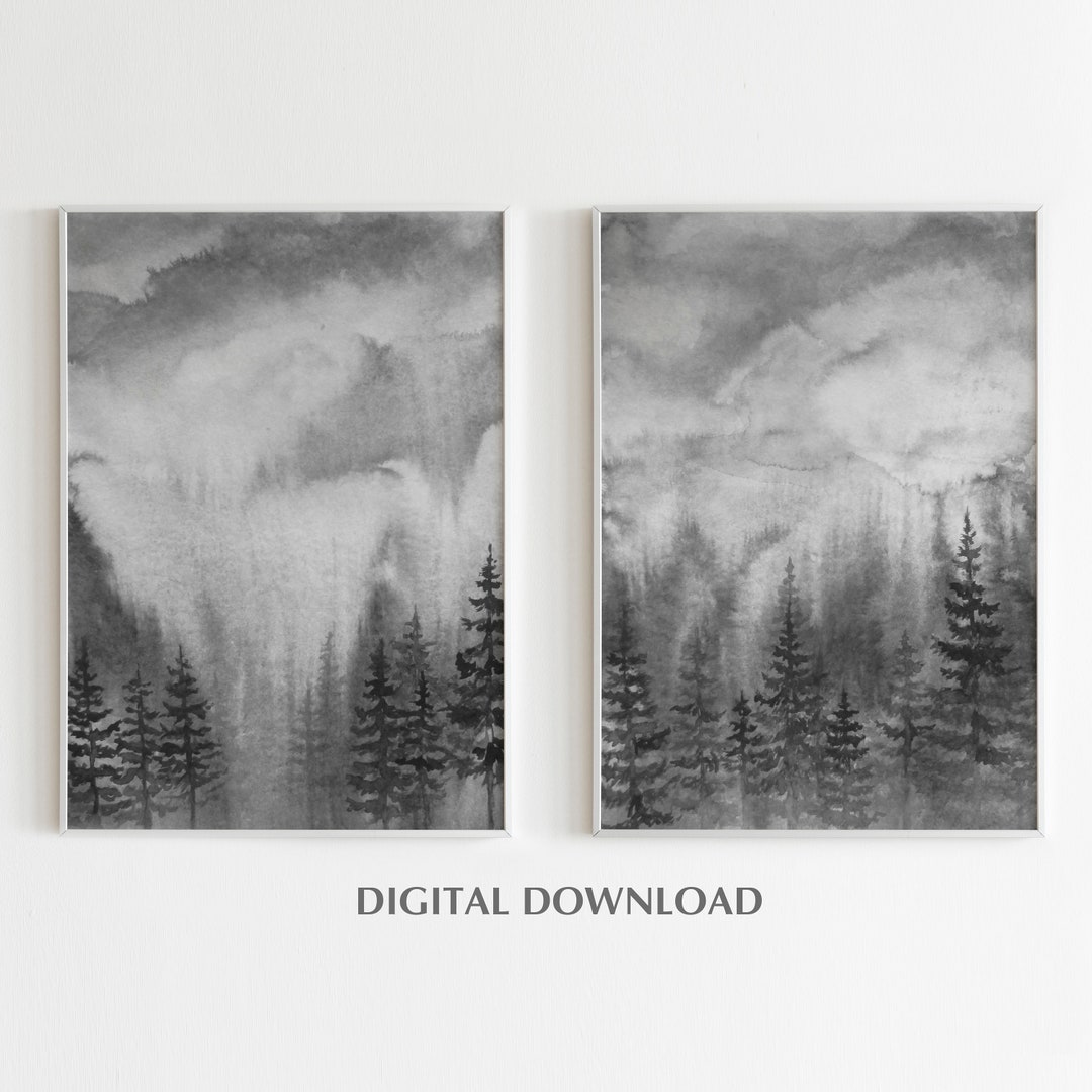 Pine Tree Forest Art Print Set of 2, Foggy Forest Watercolor Printable ...