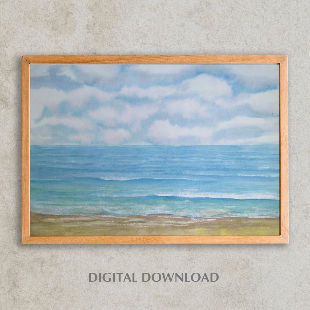 Watercolor Printable Seascape, Serene Seascape, Blue Waves Landscape ...