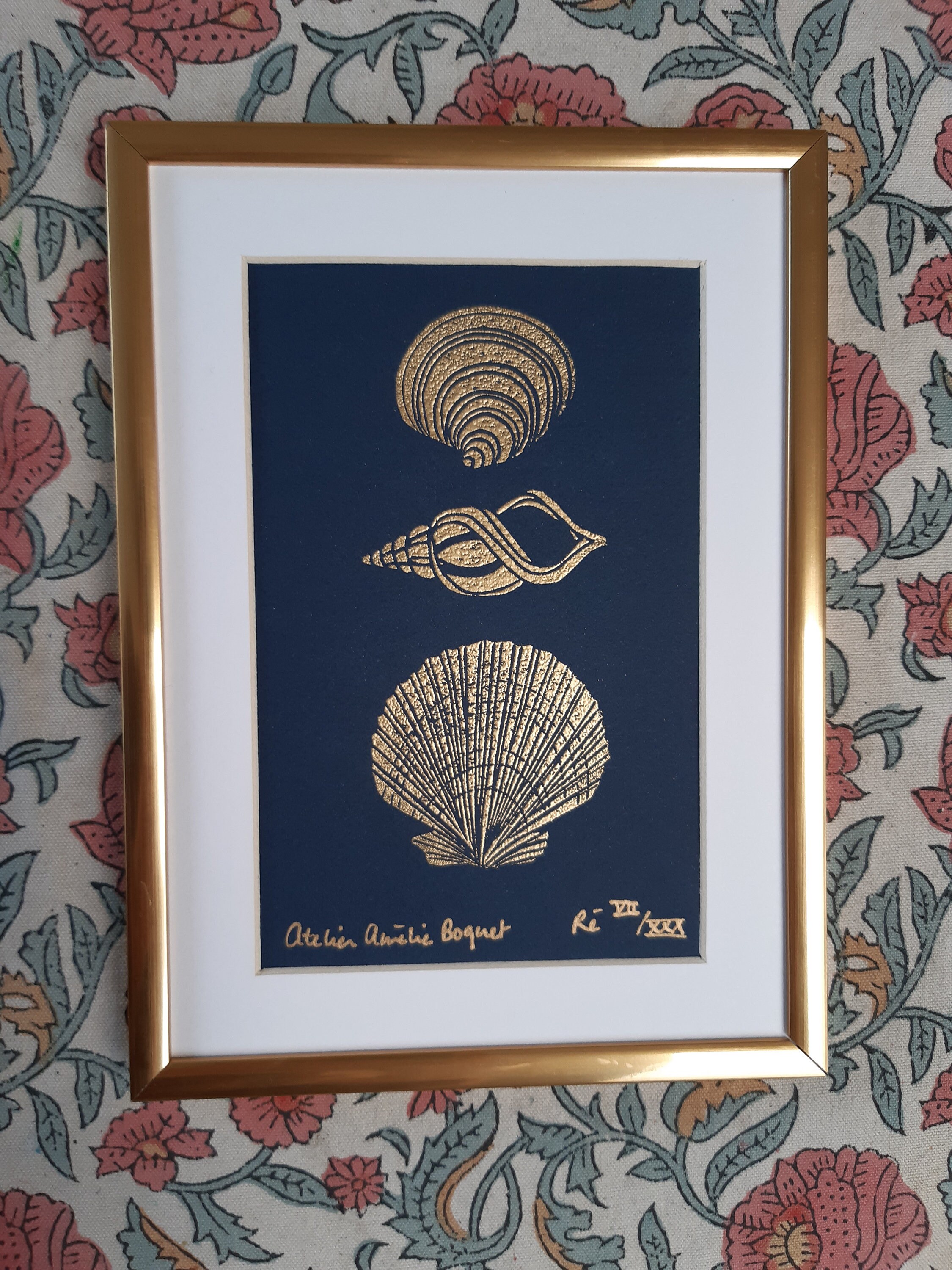 Gravure Coquillages Ré Marine et Or