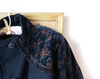 Vintage Wool Blend Coat: Black Victorian Boho Floral Velvet Collar
