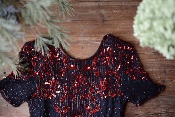Vintage Sequined Red & Black Beaded Formal Dress 1