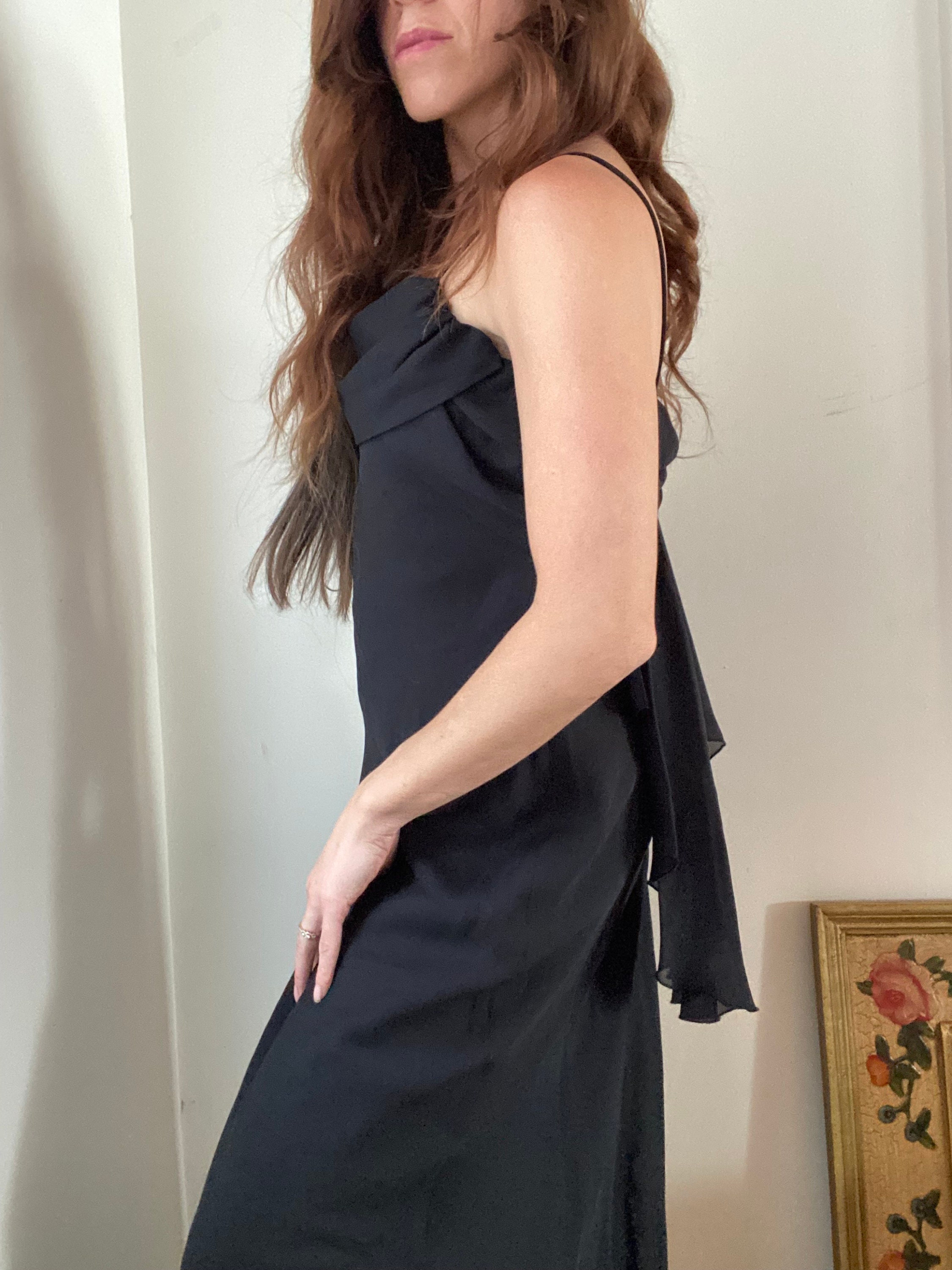 90s black maxi dress Vtg 90s Black Maxi Dress Medium Spandex Double Split Wrap Style Neckline  Dance M