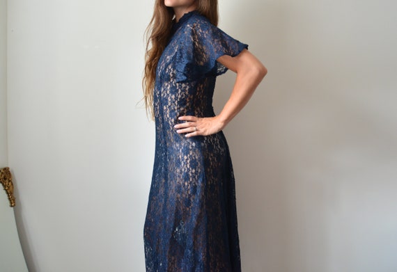 Antique Dark Blue Long Lace Dress with Angel Sleev
