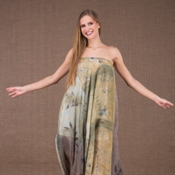 Robe évasée mi longue en coton bio et soie eco print, WANDA