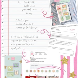 May include: A guide for ordering a custom passport cover, featuring a passport cover with travel stamps. The image includes instructions, a screenshot of an Etsy listing, and an Instagram profile. The text reads "Ordering a custom passport".