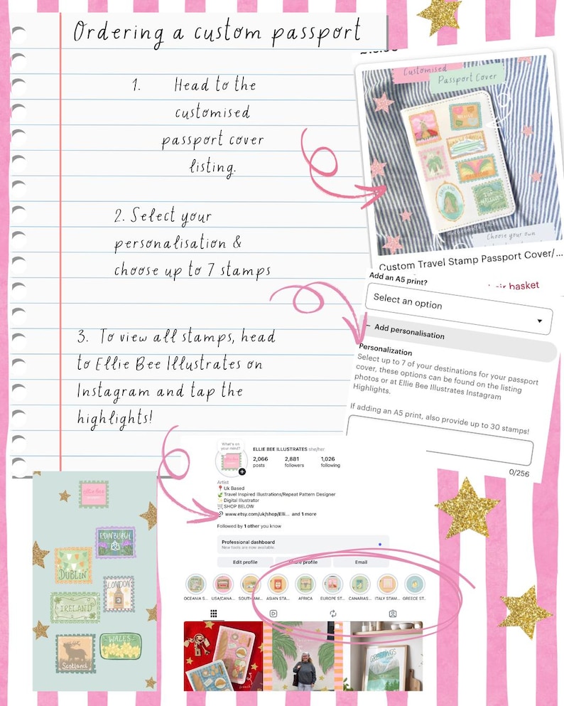 May include: A guide for ordering a custom passport cover, featuring a passport cover with travel stamps. The image includes instructions, a screenshot of an Etsy listing, and an Instagram profile. The text reads "Ordering a custom passport".