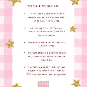 May include: A pink and white checkered background with gold glitter star accents. The text reads "TERMS & CONDITIONS" followed by bullet points detailing order requirements, the use of code "ALPINE", and the deadline of October 31st, 2026.