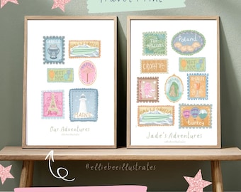 May include: Two framed travel prints featuring destination stamps. The left print says "Our Adventures" and includes stamps for Greece, California, Vietnam, Paris, and Maine. The right print says "Jade's Adventures" with stamps for The Maldives, Poland, Croatia, Vietnam, Thailand, Amalfi, California, and Turkey.