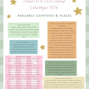 May include: A catalog page titled "Countries & Cities Stamp Catalogue 2026" with lists of available countries and places. The lists are organized by region, including Italy, Greece, UK & Europe, Central/South America, Africa, and Asia.