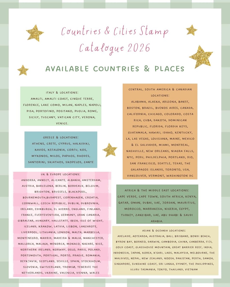 May include: A catalog page titled "Countries & Cities Stamp Catalogue 2026" with lists of available countries and places. The lists are organized by region, including Italy, Greece, UK & Europe, Central/South America, Africa, and Asia.