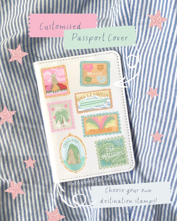 Custom Travel Stamp Passport Cover/Tropical Travel Gift/Personalised Summer Passport Holder/ Personal Jetsetter Gift