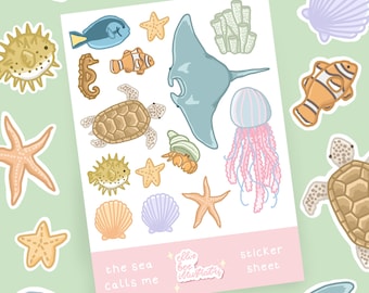 Sea Creature Ocean Themed Sticker Sheet/ A5 Sized Sticker/ Paper Stickers