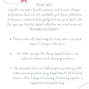 May include: A white paper with text and illustrations of a pink airplane and a heart. The text reads "PLEASE NOTE: A polite reminder to all customers..." and provides information about stamp orders and dispatch times.