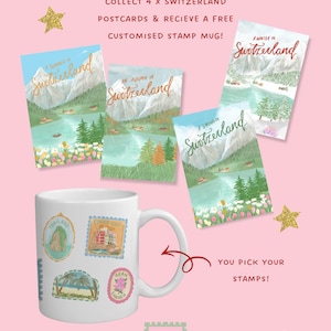 May include: White ceramic mug with colorful stamp designs, accompanied by four postcards featuring Swiss landscapes. The postcards are labeled "A Summer in Switzerland", "An Autumn in Switzerland", "A Spring in Switzerland", and "A Winter in Switzerland". The background is pink with gold star accents.