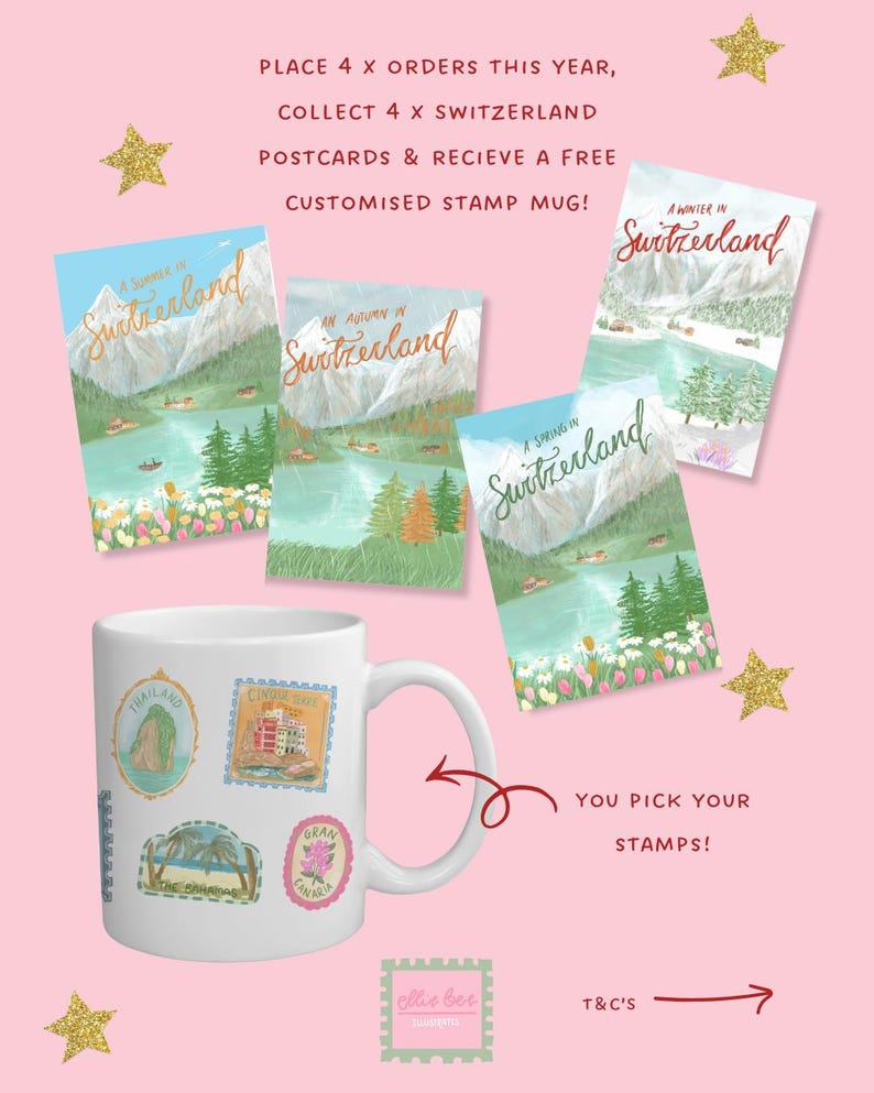 May include: White ceramic mug with colorful stamp designs, accompanied by four postcards featuring Swiss landscapes. The postcards are labeled "A Summer in Switzerland", "An Autumn in Switzerland", "A Spring in Switzerland", and "A Winter in Switzerland". The background is pink with gold star accents.