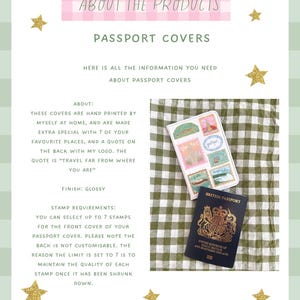 May include: A product information sheet for passport covers. The sheet includes text about the covers, which are hand-printed with up to 7 stamps and a quote. A British passport and a passport cover with stamps are also shown.