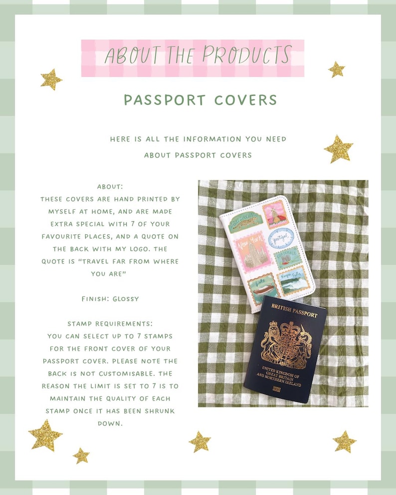 May include: A product information sheet for passport covers. The sheet includes text about the covers, which are hand-printed with up to 7 stamps and a quote. A British passport and a passport cover with stamps are also shown.