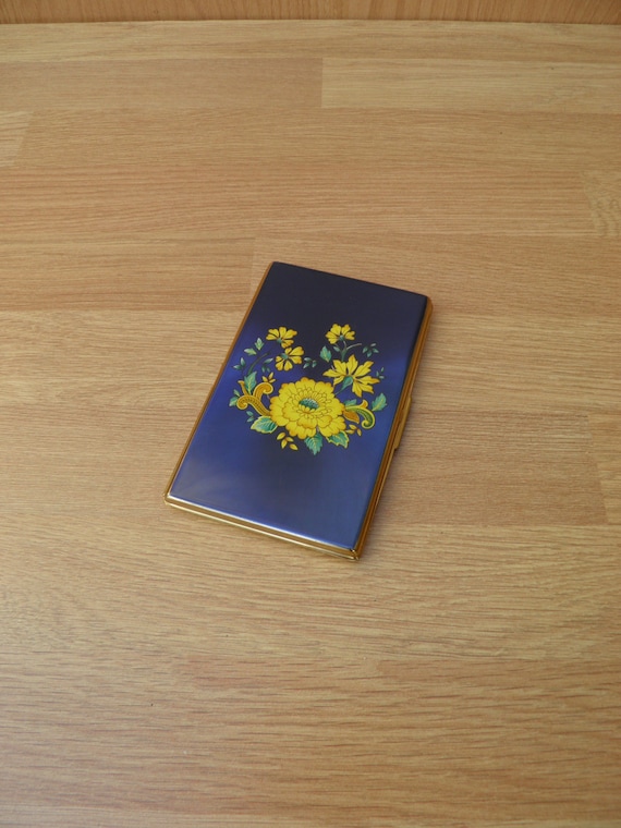 Kigu Enameled Gold-Tone Cigarette Case, Yellow Flower Decoration