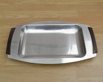 Stainless Steel Serving Tray, Wooden Handle, Made in Denmark - Vintage/Retro Tray