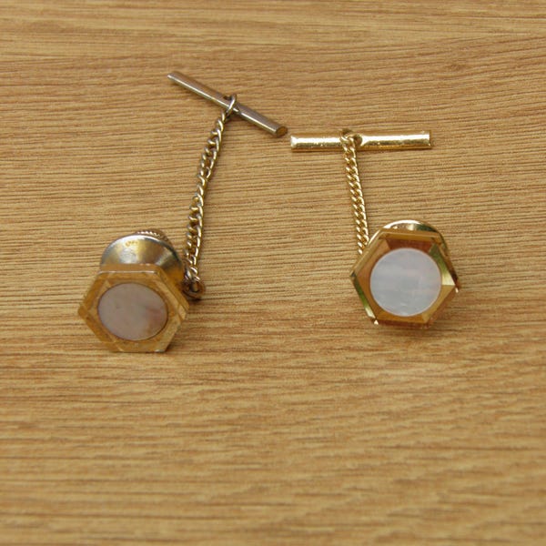 Pair of Gold-Tone Chain Tie Tacks, Mother of Pearl Decoration - Vintage Tie Tack, Tie Pin, Accessory