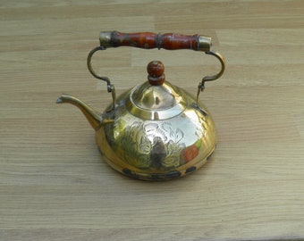 Ornamental Brass Teapot with Etched Decoration & Wooden Handle - Vintage Home Decor, Ornamental Brassware