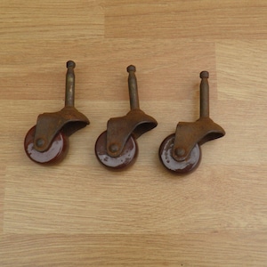 Steel Casters with Brown Ceramic Wheels - 32mm - Set of Three - Vintage
