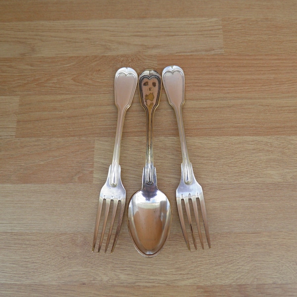 Silver Plated Table Forks & Dessert Spoon - Vintage Distressed, Worn, Shabby Chic Cutlery, Tableware, Flatware