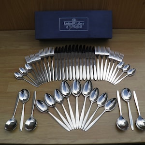 45 Piece Stainless Steel Cutlery Set, Boxed, United Cutlers of Sheffield, Firth Staybrite - Vintage Cutlery, Tableware, Flatware