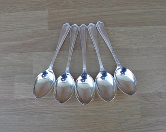 Silver Plated Dessert Spoons, Set of Five - Vintage Cutlery, Tableware, Flatware