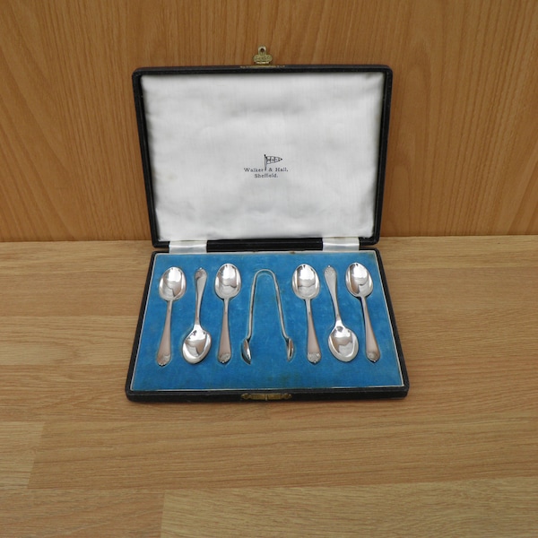 Silver Plated Teaspoons & Sugar Tongs, Walker and Hall, Sheffield c1940s, Cased Set - Vintage Cutlery, Tableware, Flatware