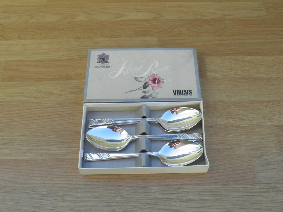 Silver Plated Dessert Spoons Made by Viners Silver Rose Pattern Boxed