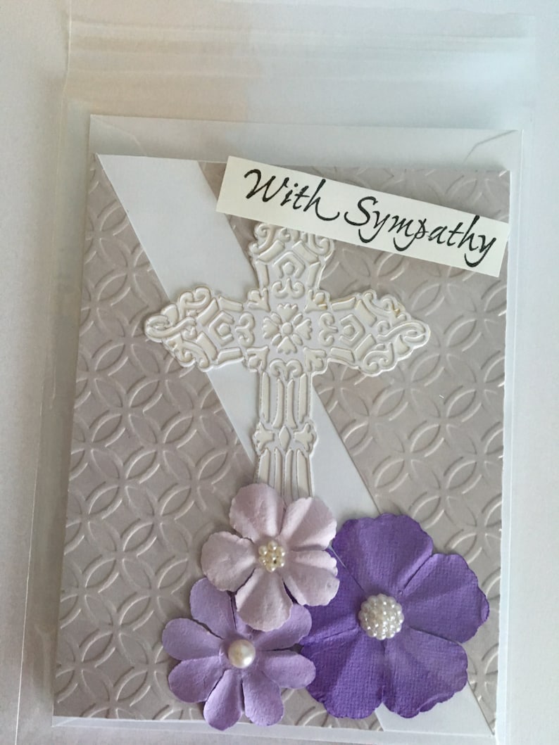 Handmade beautiful 3d shades of lilac flowers with large die cut and embossed ornate Cross Sympathy card
