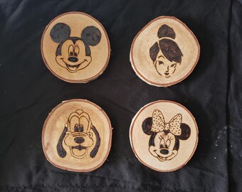 Pyrography Disney Coasters, Handmade Wood Burning Art