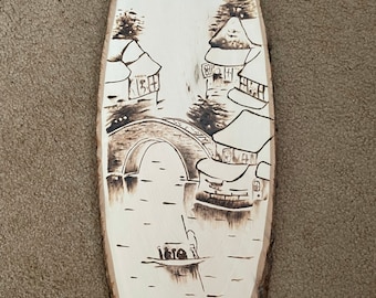 Wood Burned Live Edge Oval Art, Mountain Cabin Scene, Basswood Plaque