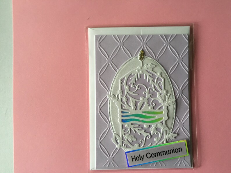 HOLY COMMUNION Handmade beautiful shades of lilacwhite die cut /& embossed detailed candle Holy Communion card