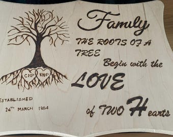 Personalized Pyrography Family Tree Wood Burning Art: Live Edge Basswood Wall Decor