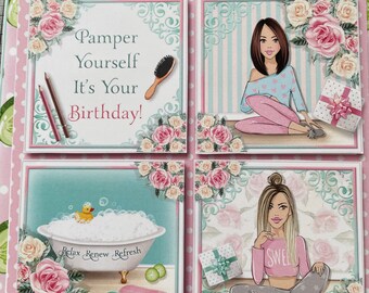 BIRTHDAY CARD, Handmade 3d Ex Large LUXURY Girls Having Fun with Matching Envelope, Insert, Gift Label, Birthday Greeting Card, Birthday