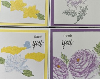 THANK YOU, Handmade Set of 4 Stamped ROSES Or Set of 4 Floral Stamped Thank You Cards, Thank You Greeting Cards, 4 Thank You Cards